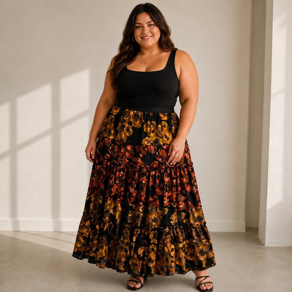 Soft Surroundings Floral Burnout Tiered Maxi Skirt XL